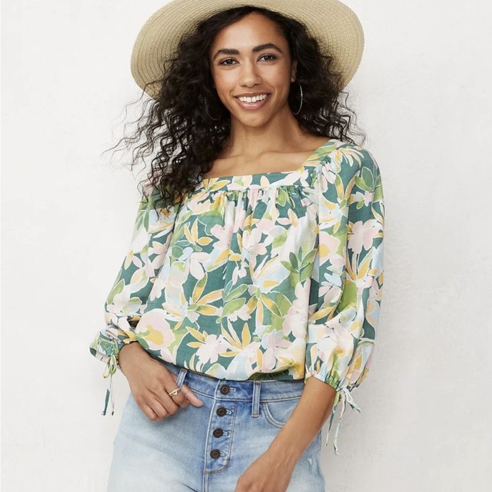 NWT green floral COMFY COTTON SQUARE NECK TOP/blouse tunic volume 1/2 sleeves 2X